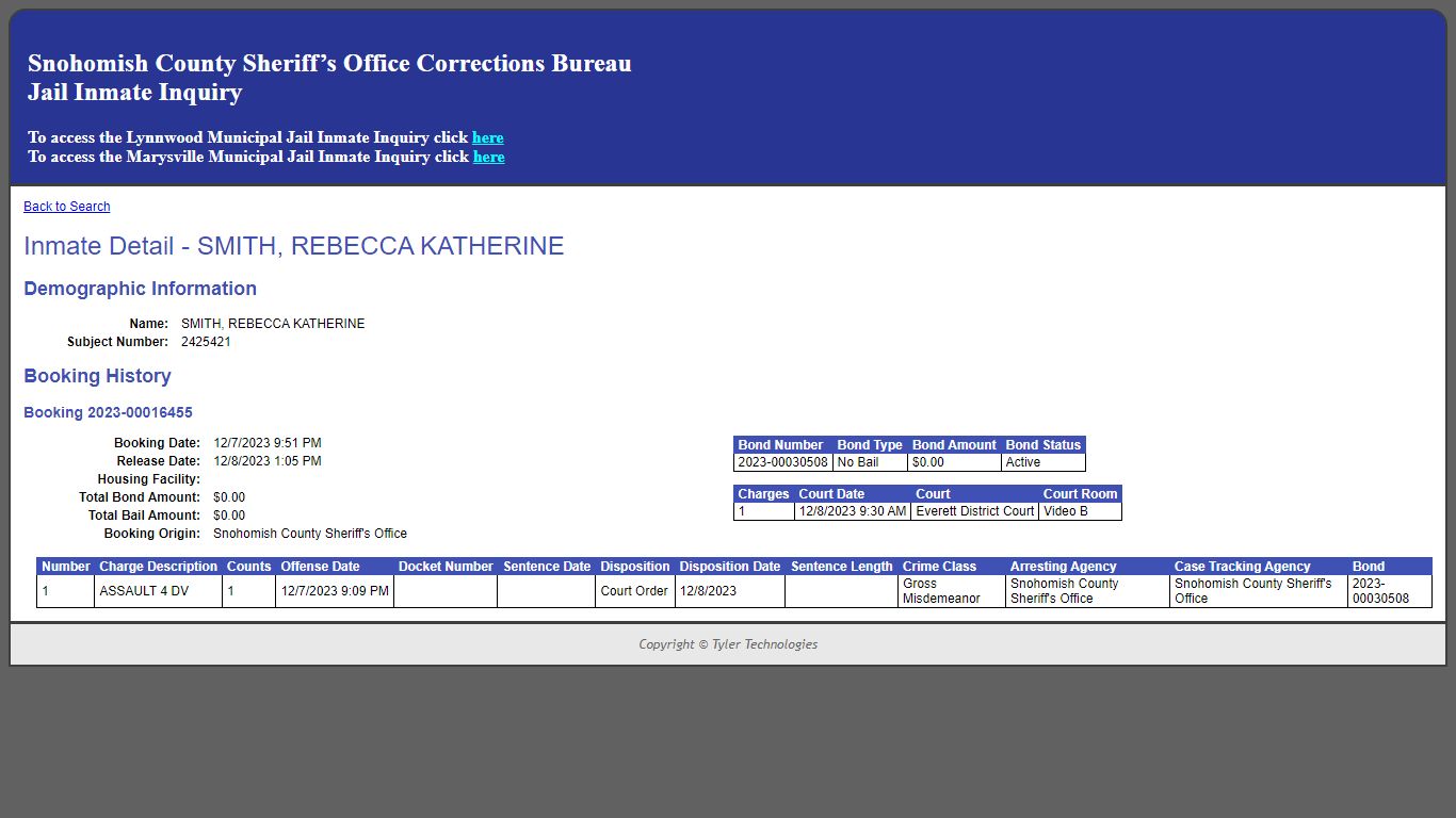 Inmate Detail - SMITH, REBECCA KATHERINE